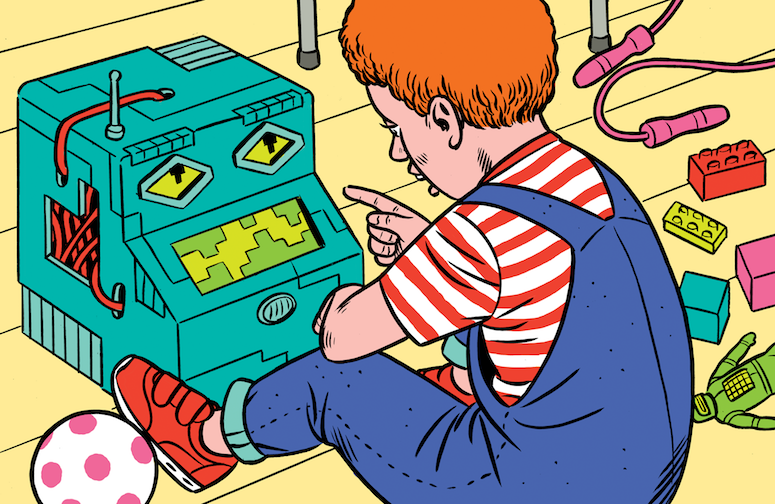 In this cartoon, a child scolds a box shaped robot on the floor. The child is surrounded by Legos.