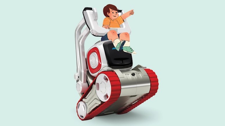 This cartoon shows a child riding on top of a robot and pointing forwards