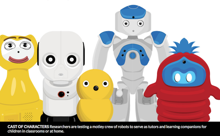 Fartoon image of various social robots. The subtitle says, 'Researchers are testing a motley crew of robots to serve as tutors and learning companions for children in classrooms or at home.'