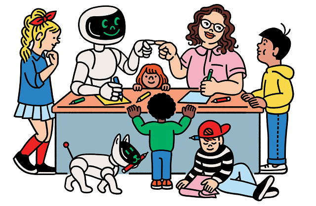 Cartoon image of a woman with glasses, five children of various ages, a humanoid robot, and a feline robot. The children are surrounding the woman and the humanoid robot. The woman and the humanoid robot are touchng fingers while the feline robot carries a pencil in its mouth.