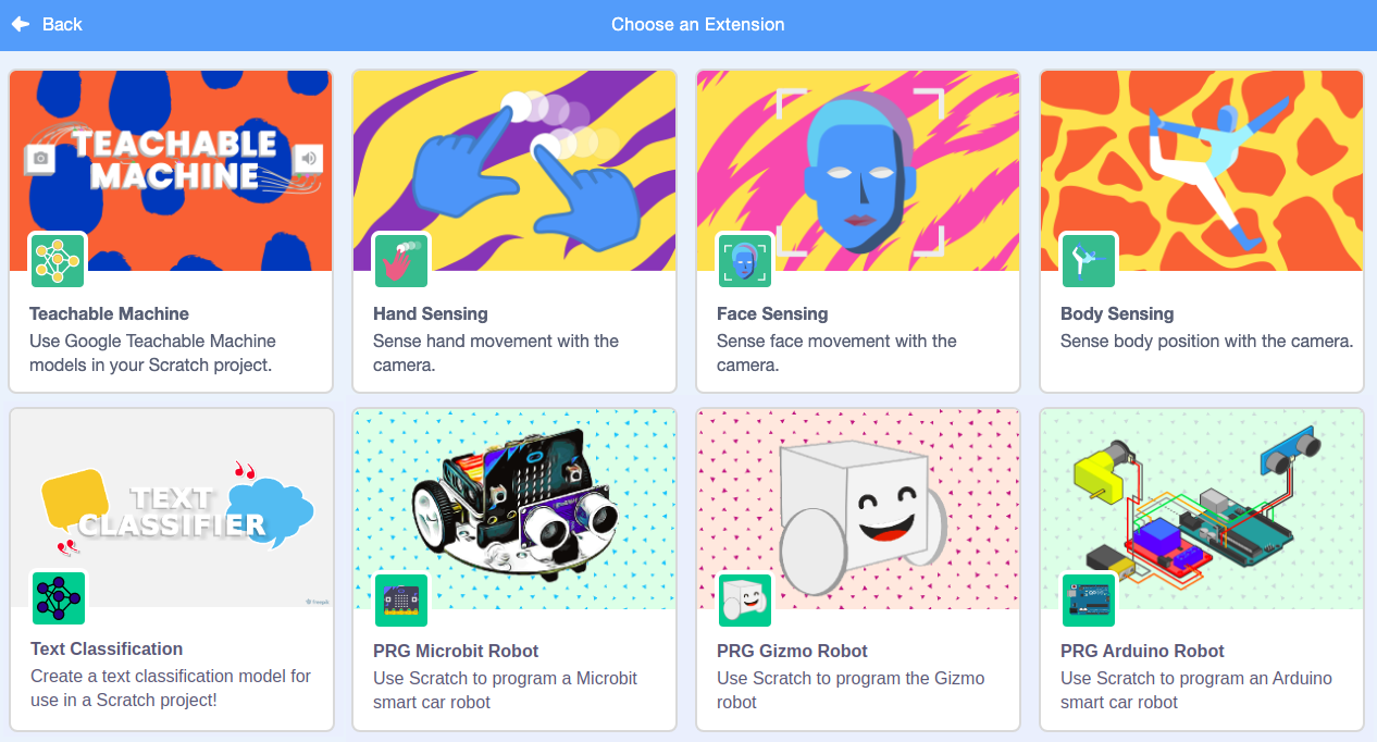 Images of different AI extension blocks available in PRG's extended version of Scratch