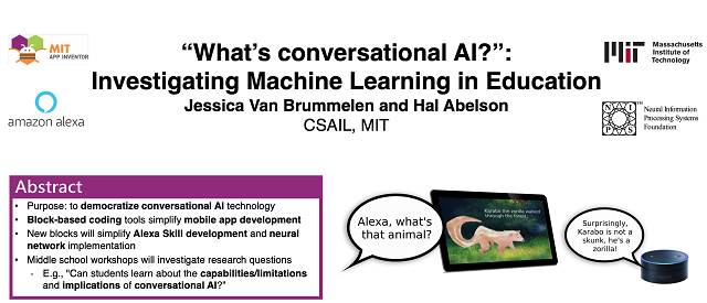Title slide from presentation titled 'What's conversational AI?' Investigating Machine Learning in Education by Jessica Van Brummelen and Hal Abelson. The purpose of the investigation is to democratize conversational AI through block-based coding tools for Alexa.