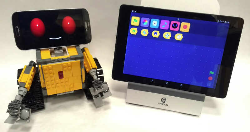 PopBot that looks like a WALL-E character with programming interface.