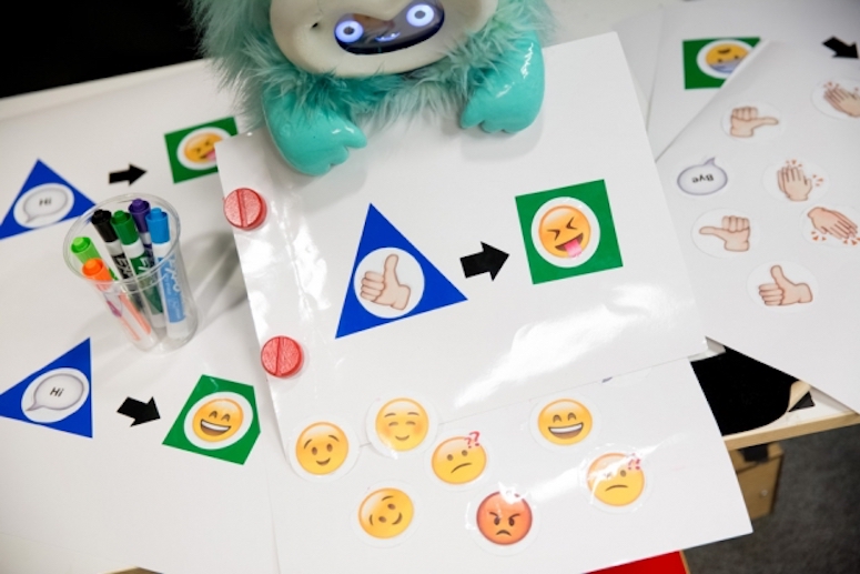 A teal colored robot overlooks a paper activity with various different types of emoji stickers.