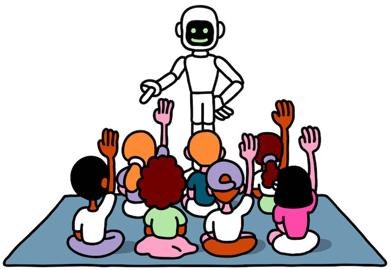 In this cartoon, a robot teacher stands before a group of young children who are sitting crosslegged facing the robot