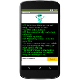 An interface for a therapy bot app on a virtual Android phone